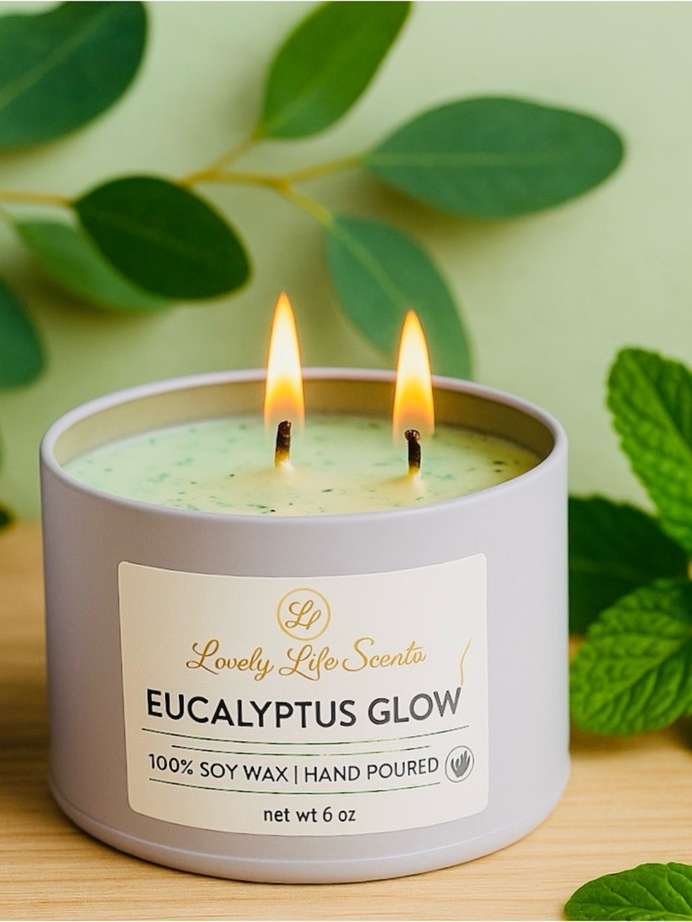 Eucalyptus Glow 6oz Double Wick Premium Soy Candle — Lovely Life Scents - Picture 3 of 4